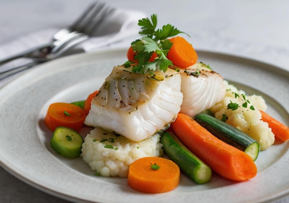 duszony dorsz i warzywa