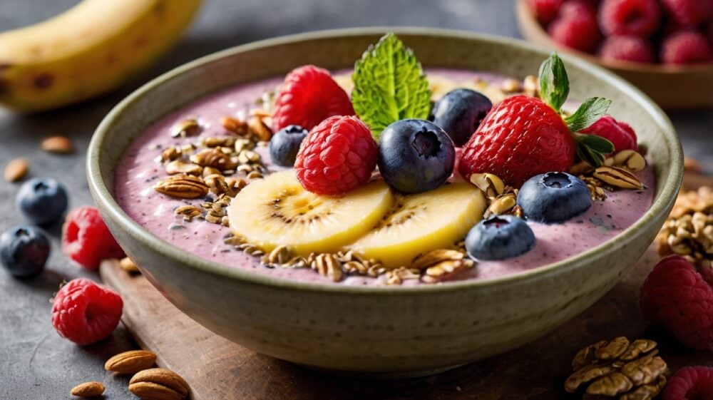 smoothie-bowl z owocami i orzechami