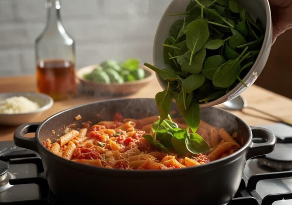 Makaron z pomidorami i szpinakiem